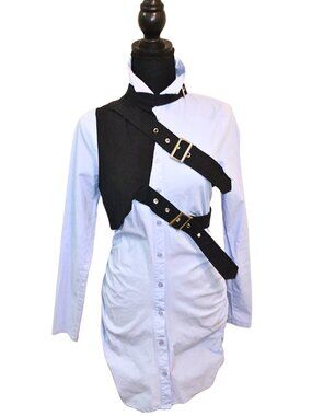 WOMEN'S BLUE BUTTON UP SHIRT DRESS W/ BLACK BUCKLE UP HALF VEST